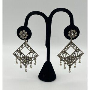 Vintage Silver Tone Dangle Earrings Clip Clear Rhinestones 2.5"